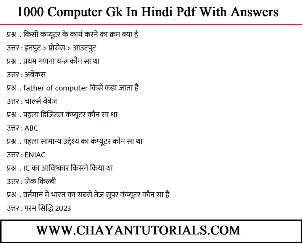 1000 Computer Gk In Hindi Pdf With Answers